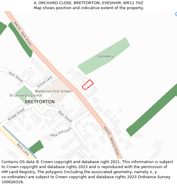 4, ORCHARD CLOSE, BRETFORTON, EVESHAM, WR11 7HZ: Location map and indicative extent of plot