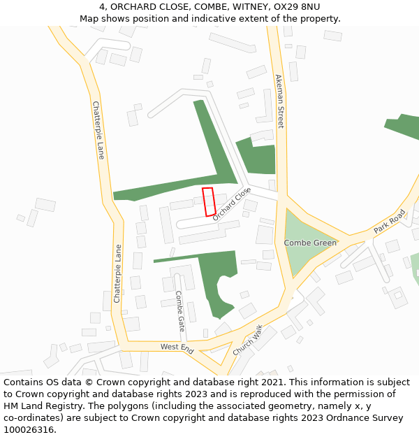 4, ORCHARD CLOSE, COMBE, WITNEY, OX29 8NU: Location map and indicative extent of plot