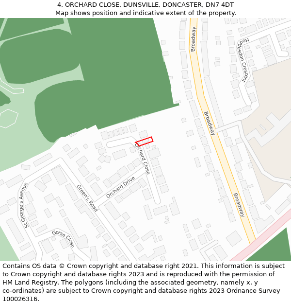 4, ORCHARD CLOSE, DUNSVILLE, DONCASTER, DN7 4DT: Location map and indicative extent of plot