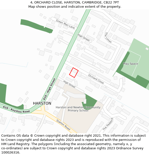 4, ORCHARD CLOSE, HARSTON, CAMBRIDGE, CB22 7PT: Location map and indicative extent of plot