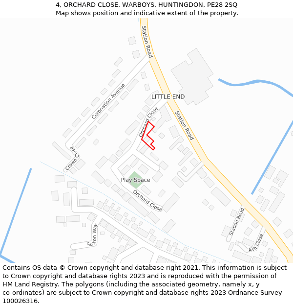 4, ORCHARD CLOSE, WARBOYS, HUNTINGDON, PE28 2SQ: Location map and indicative extent of plot