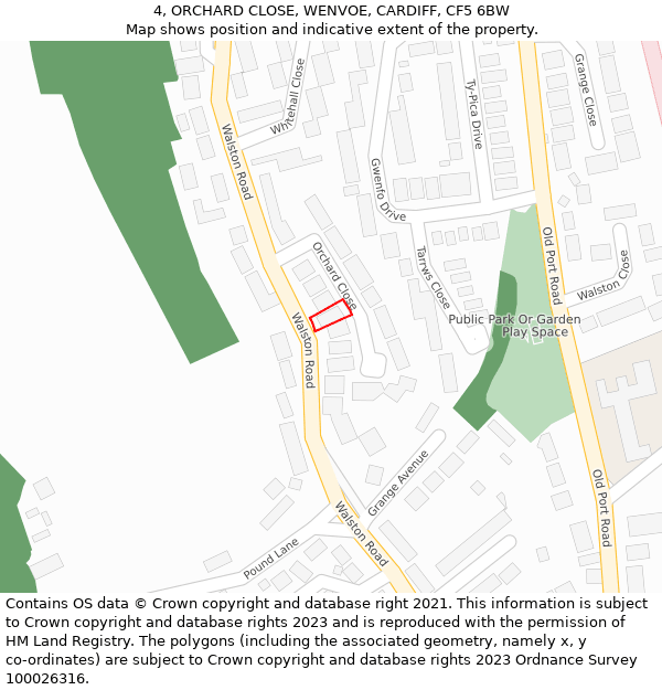 4, ORCHARD CLOSE, WENVOE, CARDIFF, CF5 6BW: Location map and indicative extent of plot