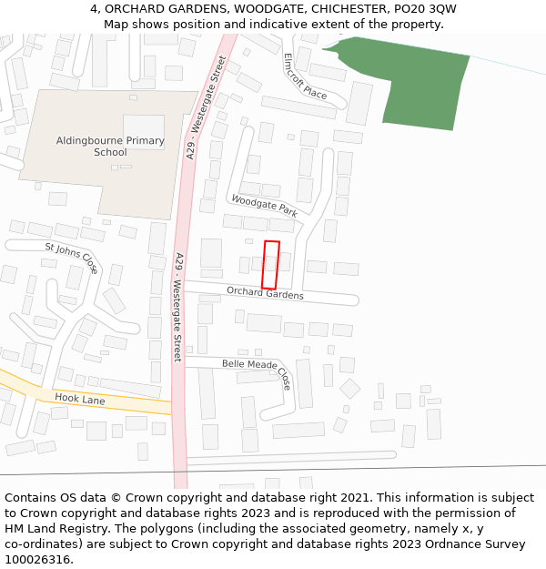 4, ORCHARD GARDENS, WOODGATE, CHICHESTER, PO20 3QW: Location map and indicative extent of plot