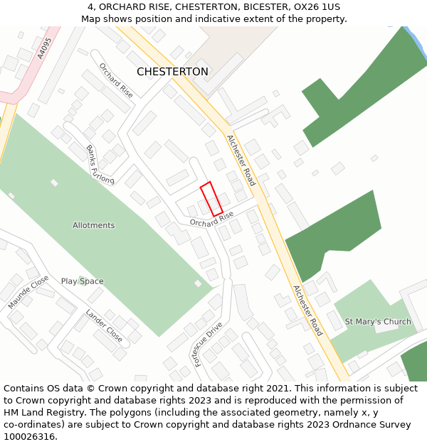 4, ORCHARD RISE, CHESTERTON, BICESTER, OX26 1US: Location map and indicative extent of plot