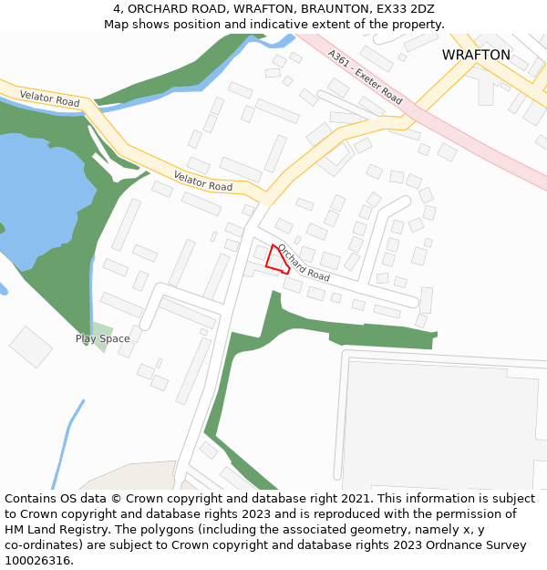 4, ORCHARD ROAD, WRAFTON, BRAUNTON, EX33 2DZ: Location map and indicative extent of plot