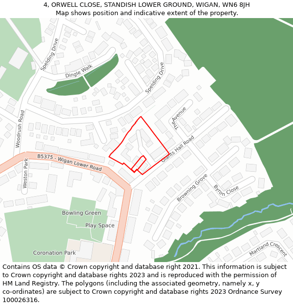 4, ORWELL CLOSE, STANDISH LOWER GROUND, WIGAN, WN6 8JH: Location map and indicative extent of plot
