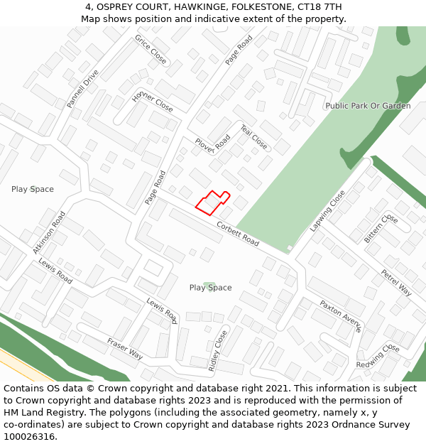 4, OSPREY COURT, HAWKINGE, FOLKESTONE, CT18 7TH: Location map and indicative extent of plot
