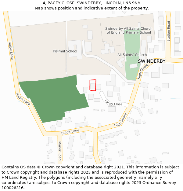 4, PACEY CLOSE, SWINDERBY, LINCOLN, LN6 9NA: Location map and indicative extent of plot