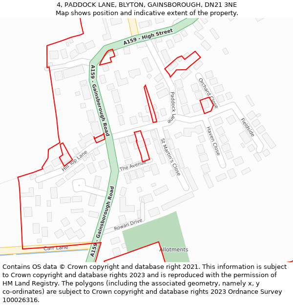 4, PADDOCK LANE, BLYTON, GAINSBOROUGH, DN21 3NE: Location map and indicative extent of plot