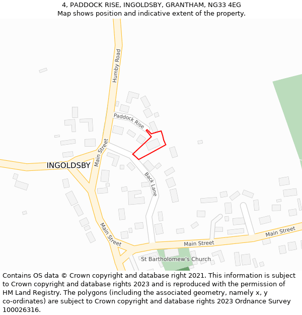 4, PADDOCK RISE, INGOLDSBY, GRANTHAM, NG33 4EG: Location map and indicative extent of plot