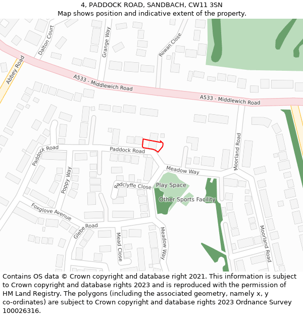 4, PADDOCK ROAD, SANDBACH, CW11 3SN: Location map and indicative extent of plot