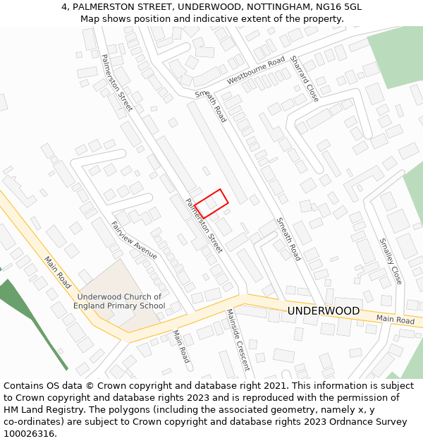 4, PALMERSTON STREET, UNDERWOOD, NOTTINGHAM, NG16 5GL: Location map and indicative extent of plot