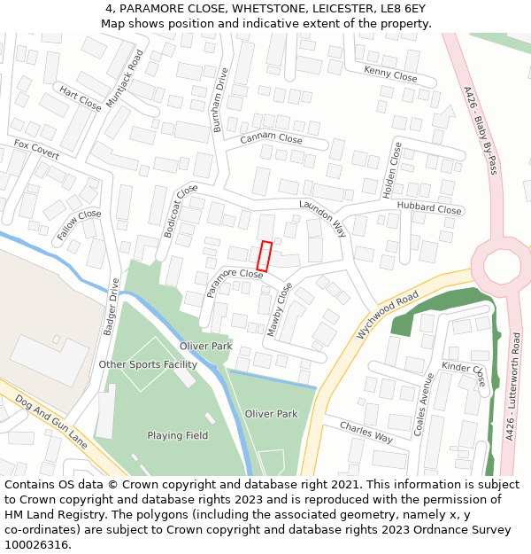 4, PARAMORE CLOSE, WHETSTONE, LEICESTER, LE8 6EY: Location map and indicative extent of plot