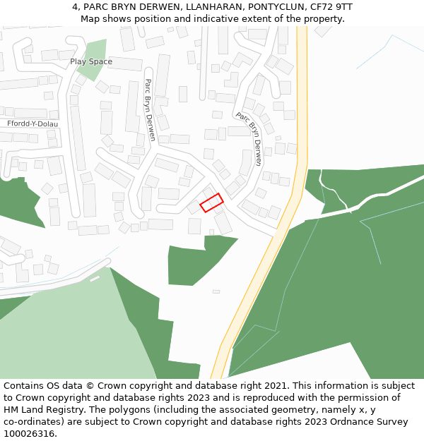 4, PARC BRYN DERWEN, LLANHARAN, PONTYCLUN, CF72 9TT: Location map and indicative extent of plot