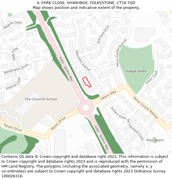 4, PARK CLOSE, HAWKINGE, FOLKESTONE, CT18 7QD: Location map and indicative extent of plot