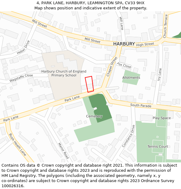 4, PARK LANE, HARBURY, LEAMINGTON SPA, CV33 9HX: Location map and indicative extent of plot