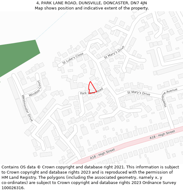 4, PARK LANE ROAD, DUNSVILLE, DONCASTER, DN7 4JN: Location map and indicative extent of plot