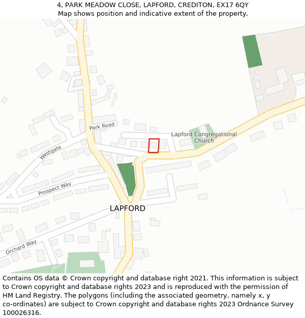 4, PARK MEADOW CLOSE, LAPFORD, CREDITON, EX17 6QY: Location map and indicative extent of plot