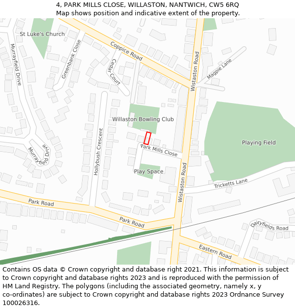 4, PARK MILLS CLOSE, WILLASTON, NANTWICH, CW5 6RQ: Location map and indicative extent of plot