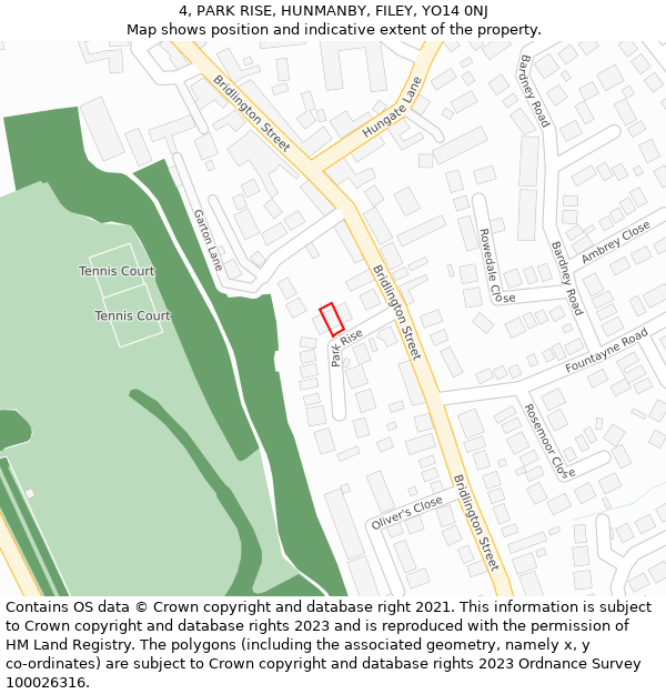 4, PARK RISE, HUNMANBY, FILEY, YO14 0NJ: Location map and indicative extent of plot