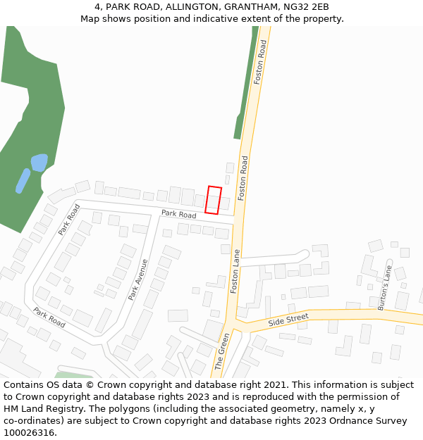 4, PARK ROAD, ALLINGTON, GRANTHAM, NG32 2EB: Location map and indicative extent of plot