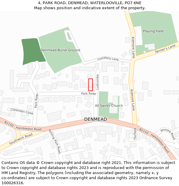 4, PARK ROAD, DENMEAD, WATERLOOVILLE, PO7 6NE: Location map and indicative extent of plot