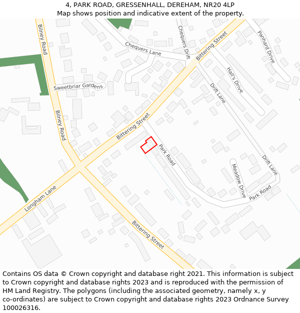 4, PARK ROAD, GRESSENHALL, DEREHAM, NR20 4LP: Location map and indicative extent of plot