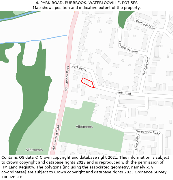 4, PARK ROAD, PURBROOK, WATERLOOVILLE, PO7 5ES: Location map and indicative extent of plot