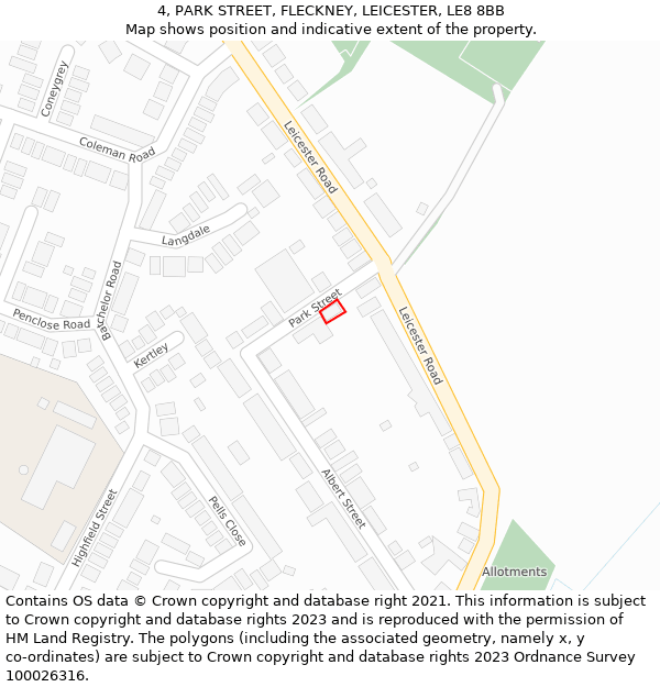 4, PARK STREET, FLECKNEY, LEICESTER, LE8 8BB: Location map and indicative extent of plot