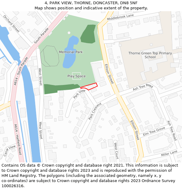 4, PARK VIEW, THORNE, DONCASTER, DN8 5NF: Location map and indicative extent of plot