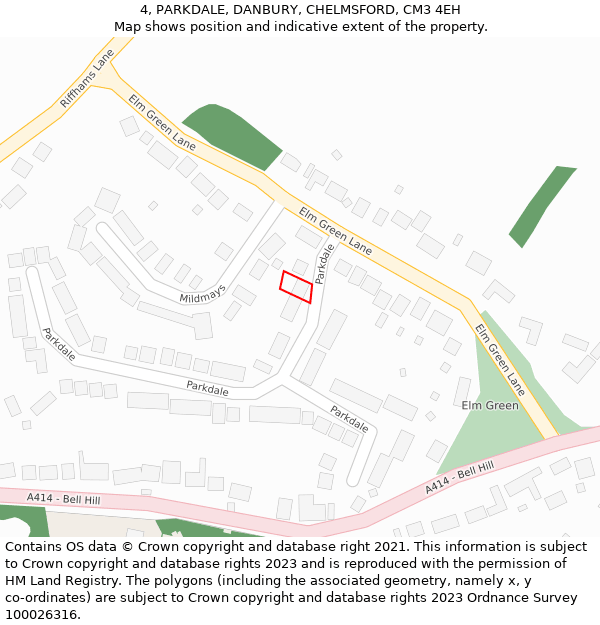 4, PARKDALE, DANBURY, CHELMSFORD, CM3 4EH: Location map and indicative extent of plot