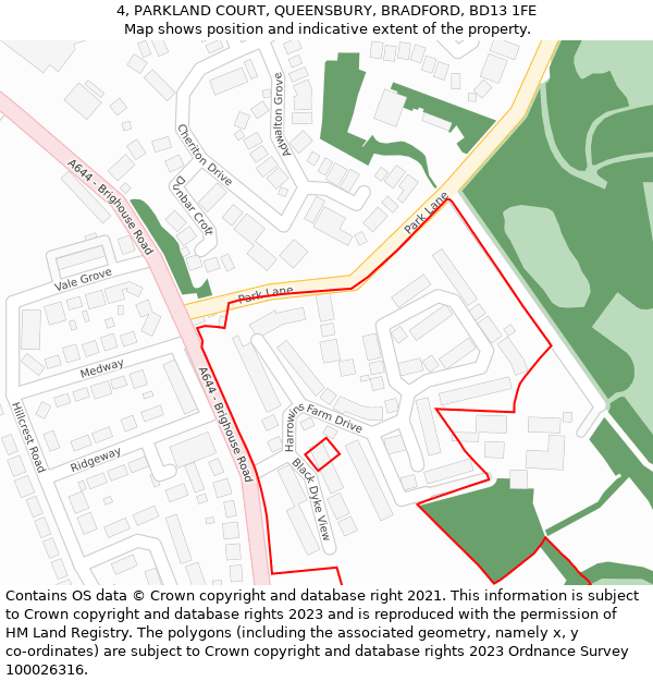 4, PARKLAND COURT, QUEENSBURY, BRADFORD, BD13 1FE: Location map and indicative extent of plot