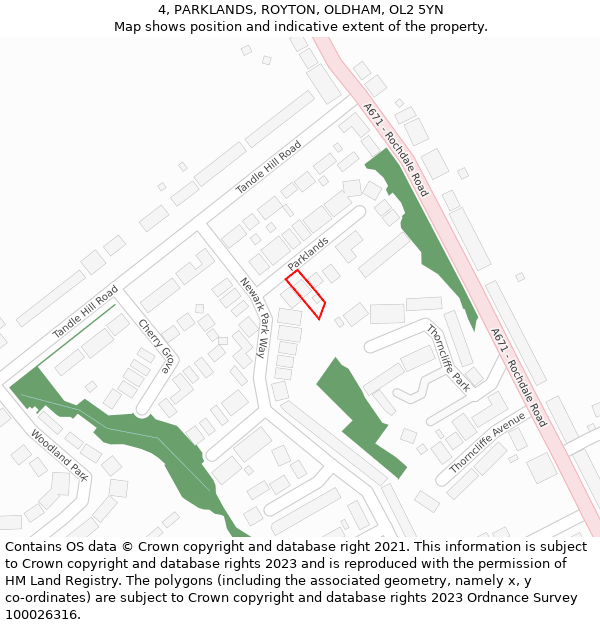 4, PARKLANDS, ROYTON, OLDHAM, OL2 5YN: Location map and indicative extent of plot