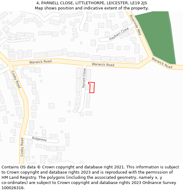 4, PARNELL CLOSE, LITTLETHORPE, LEICESTER, LE19 2JS: Location map and indicative extent of plot