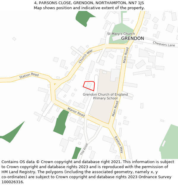 4, PARSONS CLOSE, GRENDON, NORTHAMPTON, NN7 1JS: Location map and indicative extent of plot