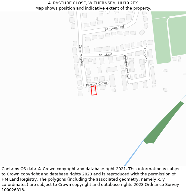 4, PASTURE CLOSE, WITHERNSEA, HU19 2EX: Location map and indicative extent of plot