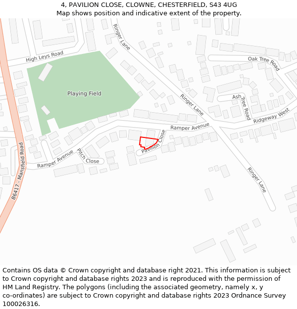 4, PAVILION CLOSE, CLOWNE, CHESTERFIELD, S43 4UG: Location map and indicative extent of plot