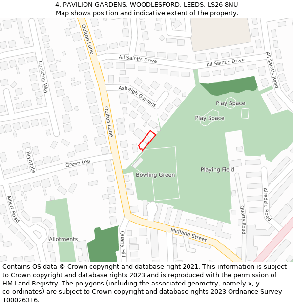 4, PAVILION GARDENS, WOODLESFORD, LEEDS, LS26 8NU: Location map and indicative extent of plot