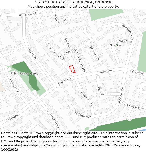 4, PEACH TREE CLOSE, SCUNTHORPE, DN16 3GR: Location map and indicative extent of plot