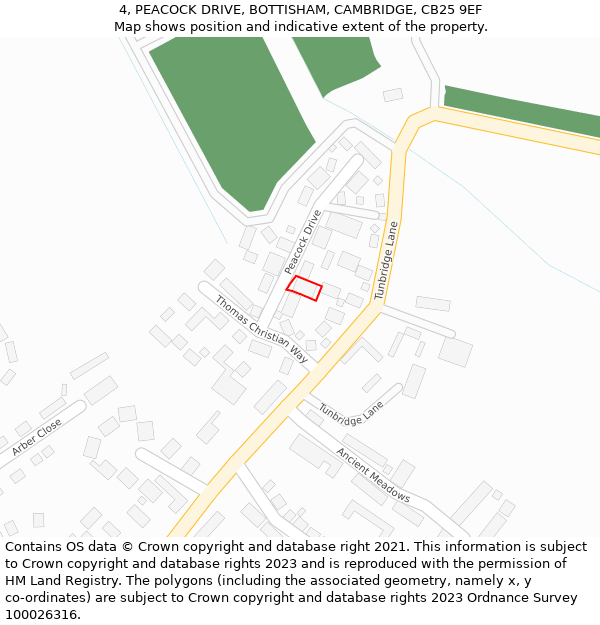 4, PEACOCK DRIVE, BOTTISHAM, CAMBRIDGE, CB25 9EF: Location map and indicative extent of plot
