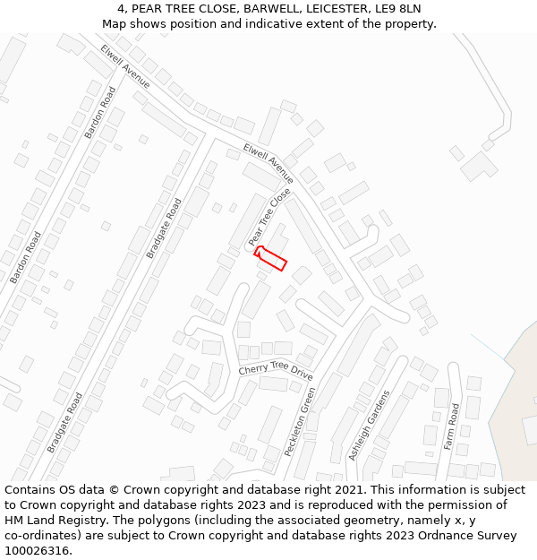 4, PEAR TREE CLOSE, BARWELL, LEICESTER, LE9 8LN: Location map and indicative extent of plot