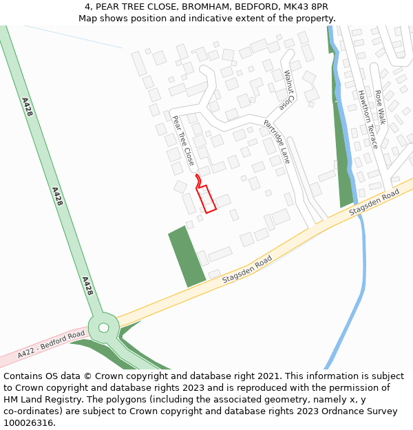 4, PEAR TREE CLOSE, BROMHAM, BEDFORD, MK43 8PR: Location map and indicative extent of plot