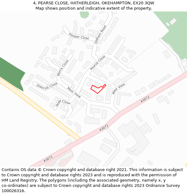 4, PEARSE CLOSE, HATHERLEIGH, OKEHAMPTON, EX20 3QW: Location map and indicative extent of plot