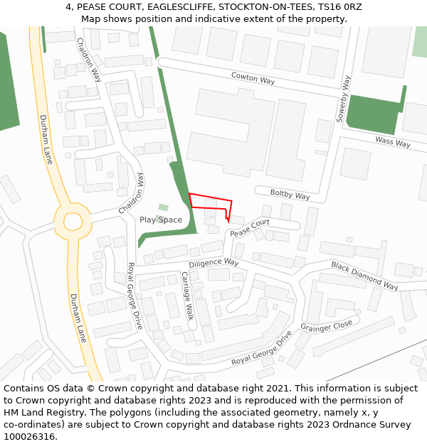 4, PEASE COURT, EAGLESCLIFFE, STOCKTON-ON-TEES, TS16 0RZ: Location map and indicative extent of plot