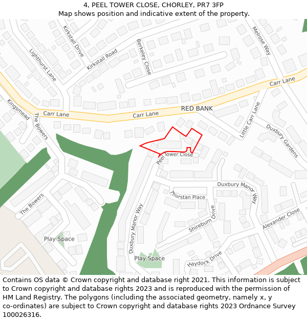 4, PEEL TOWER CLOSE, CHORLEY, PR7 3FP: Location map and indicative extent of plot