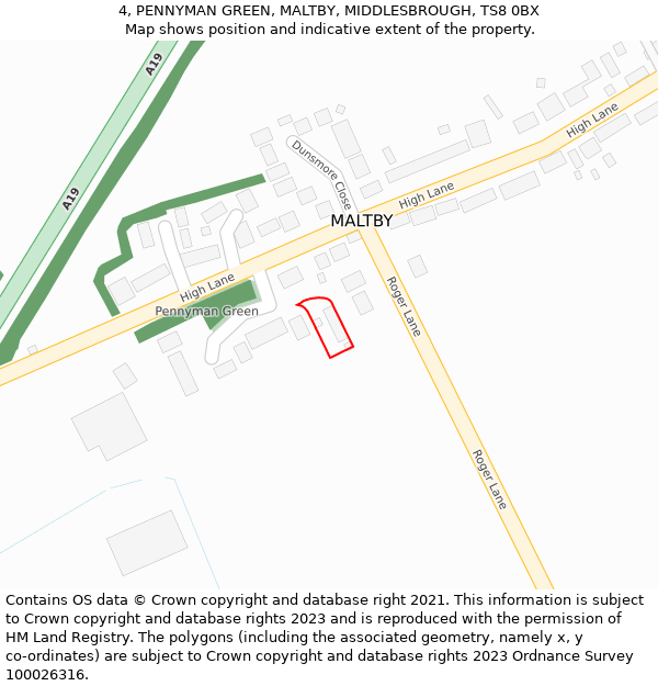 4, PENNYMAN GREEN, MALTBY, MIDDLESBROUGH, TS8 0BX: Location map and indicative extent of plot