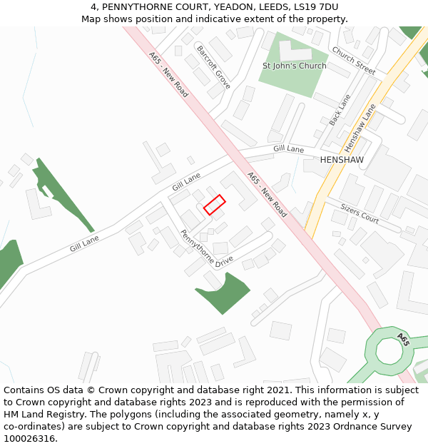 4, PENNYTHORNE COURT, YEADON, LEEDS, LS19 7DU: Location map and indicative extent of plot