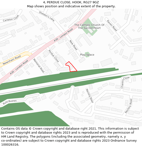 4, PERDUE CLOSE, HOOK, RG27 9GZ: Location map and indicative extent of plot