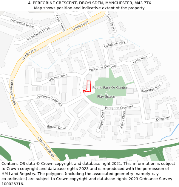 4, PEREGRINE CRESCENT, DROYLSDEN, MANCHESTER, M43 7TX: Location map and indicative extent of plot