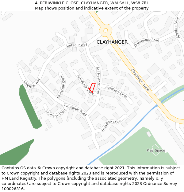 4, PERIWINKLE CLOSE, CLAYHANGER, WALSALL, WS8 7RL: Location map and indicative extent of plot